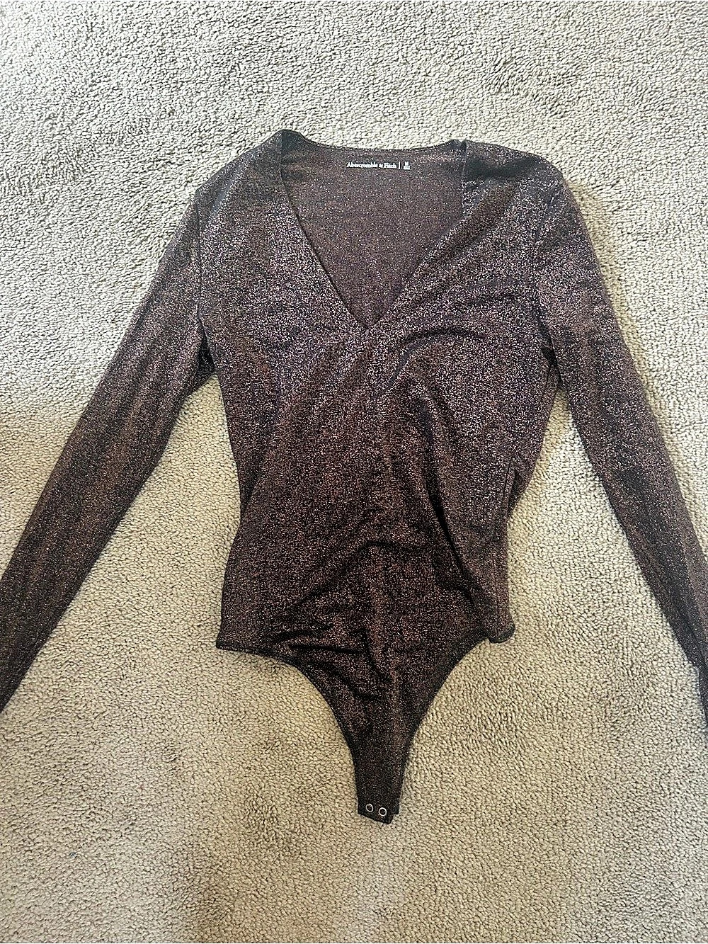 Abercrombie & Fitch Long-Sleeve Sparkle V-Neck Bodysuit Brown Medium